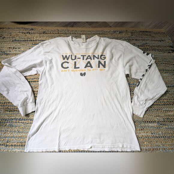 Wu Tang Clan L/S Thrashed Graphic Tee White Gildan Heavy Cotton XL Flaws - Picture 2 of 14